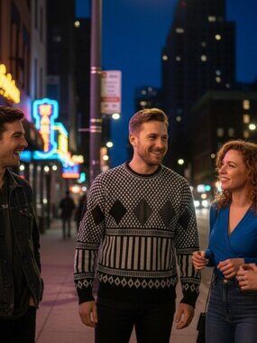 Georgio Romani Black Knit Pullover Sweater Geo Retro Pleather Details Men Large